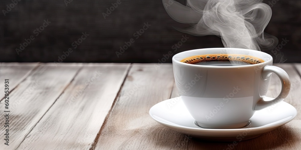 Fresh Espresso Coffee on Wooden Table. Closeup of Hot Aroma and Breakfast Morning Drink with Cup and Background Cafe. Generative AI illustrations. Fresh Espresso Coffee on Wooden Table. Closeup of Hot Aroma and Breakfast Morning Drink with Cup and Background Cafe. Generative AI illustrations.