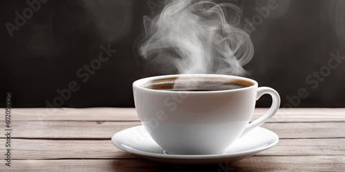 Fresh Espresso Coffee on Wooden Table. Closeup of Hot Aroma and Breakfast Morning Drink with Cup and Background Cafe. Generative AI illustrations.
