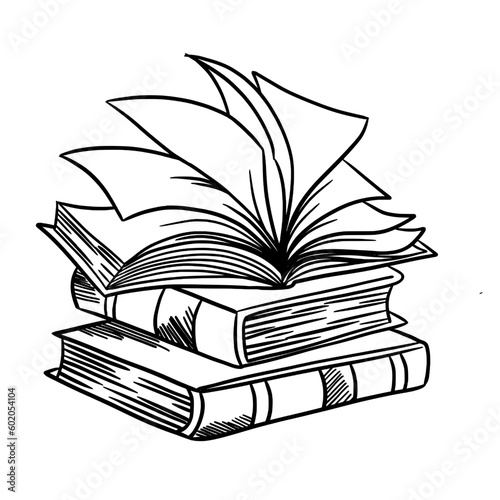 Open book on stack of books line art