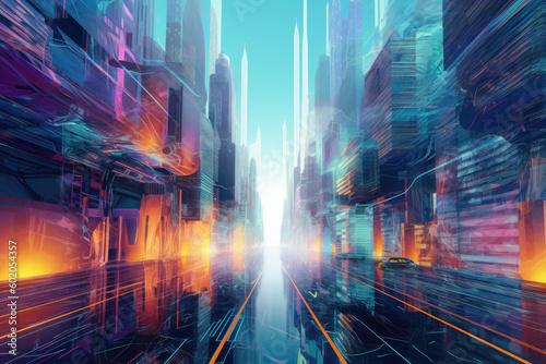 A futuristic vision of a modern city  vibrant colors. Concept of colorfull big city with amazing view. Generative AI.