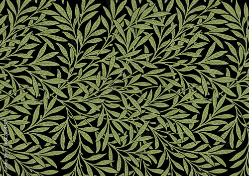 Seamless pattern with olive branches on a black background. Vector illustration.