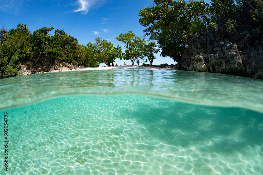Clear, warm water bathes a remote tropical island off the coast of West Papua, Indonesia. This spectacular region harbors high marine biodiversity and is part of the coral triangle.