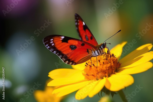 A beautiful butterfly resting on a flower, enjoying the sunshine and sipping nectar. Generative AI, AI. © Sebastian