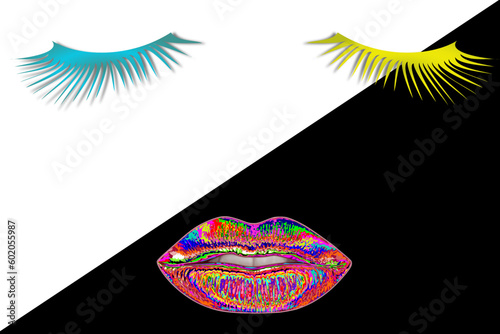 Women's lips and eyelashes. Sensual and seductive female lips with dark red lipstick and long black eyelashes on a black and white background. Cosmetics and beauty concept	