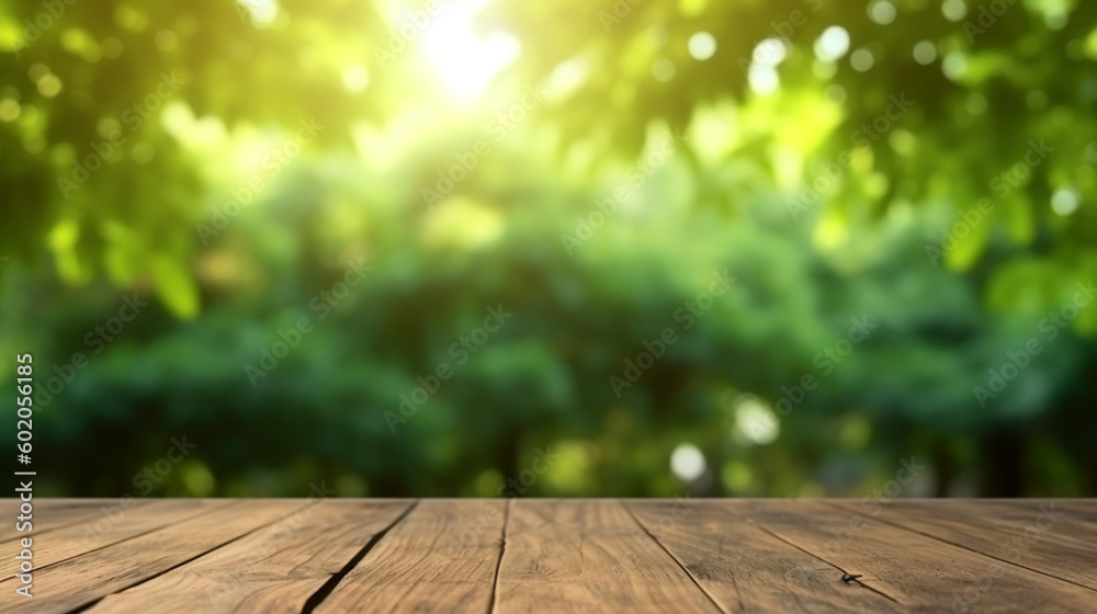 A wooden table with a green leafy background