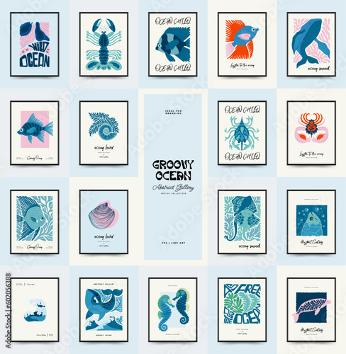 Underwater world, ocean, sea, fish and shells vertical flyer or poster template. Modern trendy Matisse minimal style. Hand drawn design for wallpaper, wall decor, print, postcard