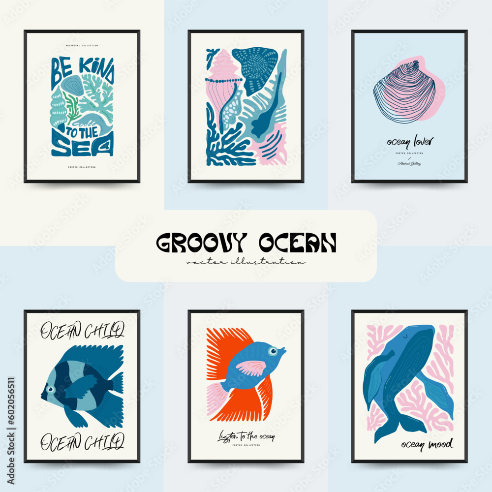 Underwater world, ocean, sea, fish and shells vertical flyer or poster template. Modern trendy Matisse minimal style. Hand drawn design for wallpaper, wall decor, print, postcard