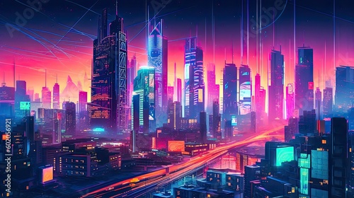 Abstract Futuristic Cyberpunk Cityscape Poster with Tall Skyscrapers Decorated with Neon Lights. Generative AI