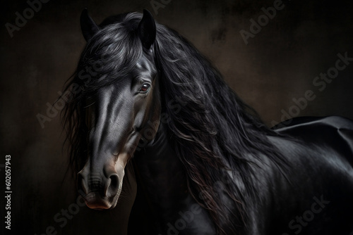 Beautiful Black Stallion with Majestic Mane in Dramatic Portrait, generative Ai