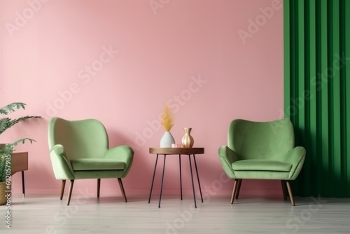 interior background lounge loft pink light copy space green room decoration render modern. Generative AI.
