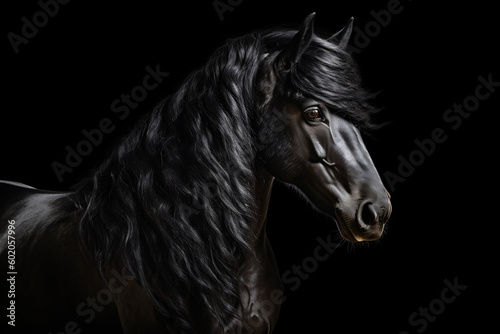 majestic black stallion with flowing mane- animal portrait  generative Ai