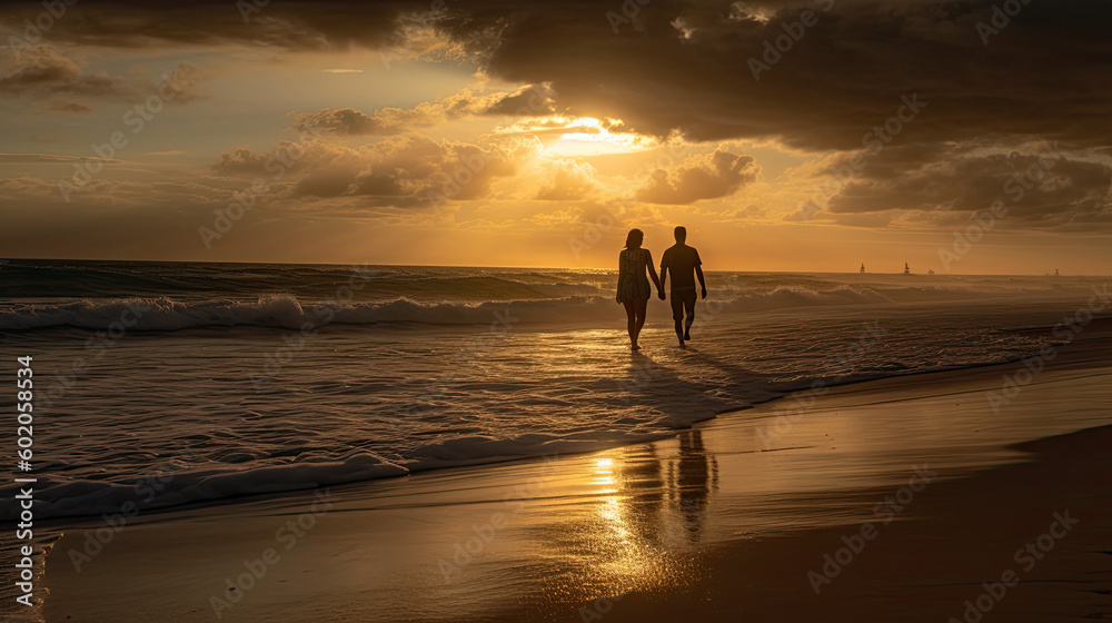 Romantic couple walking on the beach