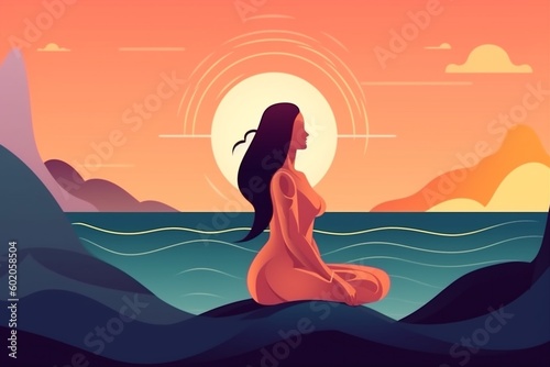 sport woman meditation yoga ocean back lotus person exercise sea relaxation. Generative AI.