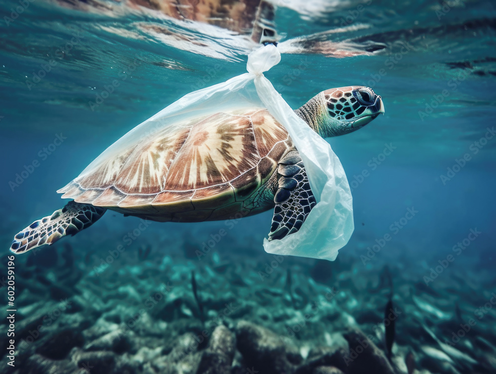 Plastic pollution in ocean environmental problem. Turtles can eat