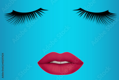 Women's lips and eyelashes. Sensual and seductive female lips with dark red lipstick and long black eyelashes on a blue background. Cosmetics and beauty concept	