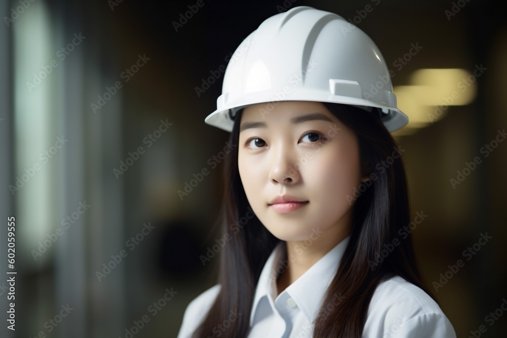 helmet woman portrait smile job industrial industry business engineer occupation asian. Generative AI.