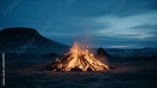 bonfire in Icelandic landscape, cinematic photo, editorial landscape photography, arctic landscape