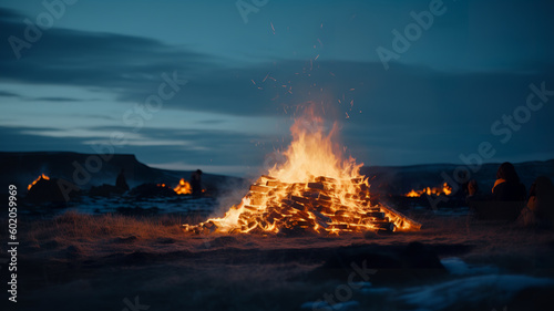 bonfire in Icelandic landscape, cinematic photo, editorial landscape photography, arctic landscape