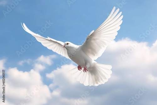 A white dove in flight against a blue sky with fluffy clouds. Generative AI