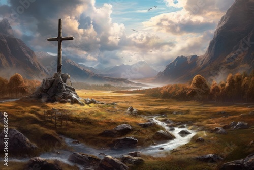 A panoramic view of a valley or landscape with a large cross in the foreground. Generative AI