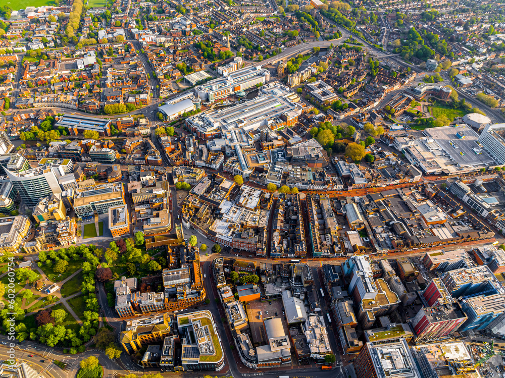 Fototapeta premium Aerial view of Reading, a large town on the Thames and Kennet rivers in southern England