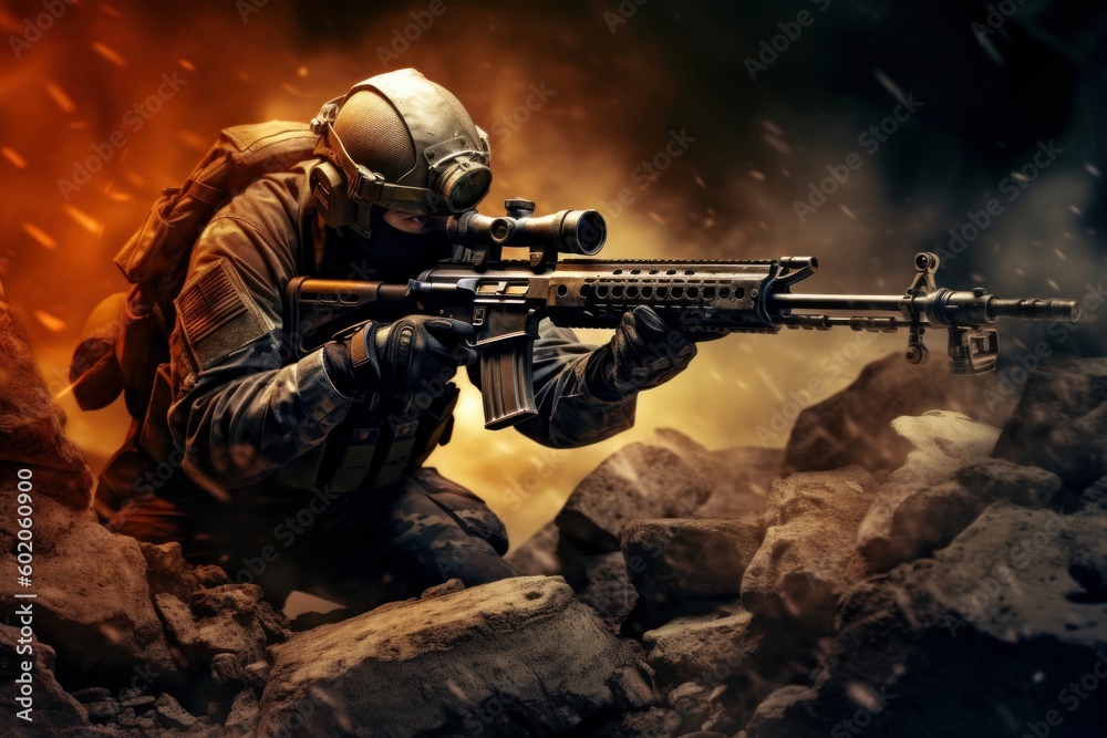 An image of a special forces sniper taking aim from a strategic position. Generative AI An image of a special forces sniper taking aim from a strategic position. Generative AI
