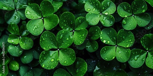 AI Generated. Photo realistic illustration of top view green fresh clover leafes. Irish symbol. AI Generative. Graphic Art