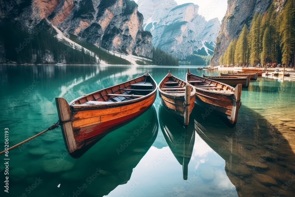 Boats on Braies lake in Dolomite mountains, Sudtirol, Italy. Nature park Fanes-Sennes-Prags, Dolomite, Italy, Europe. Generative AI