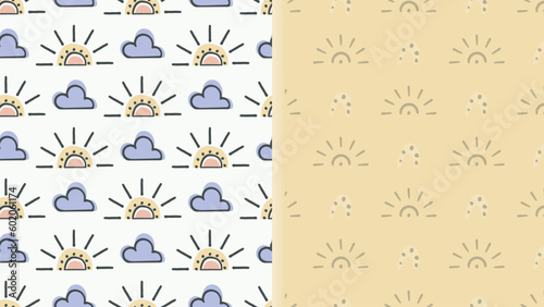 Weather childish seamless pattern set of 2 layouts, cloud rainbow sun shapes, hand drawn ink graph design, doodle cartoon baby style. Pastel pink blue yellow colour palette