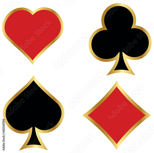 Suit deck of playing cards with golden border on transparent background