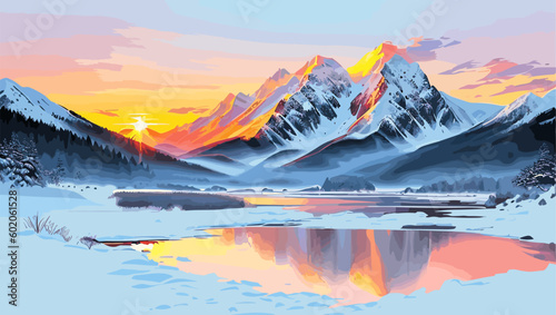 Mountains and lake at sunset. Vector illustration. Mountain landscape.