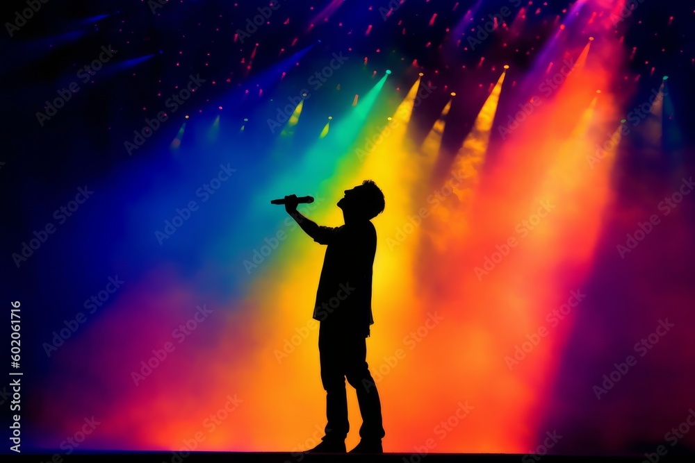 Silhouette of a singer on stage with a colorful light show in the background. Generative AI