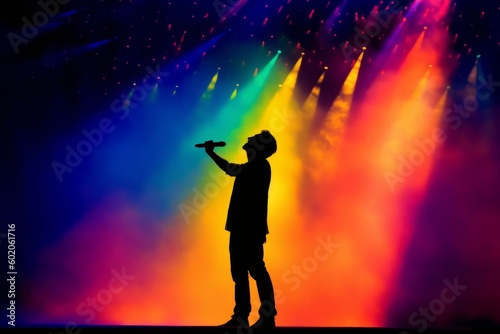 Silhouette of a singer on stage with a colorful light show in the background. Generative AI