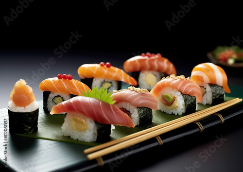 Very tasty sushi served in a professional way against a black background. Traditional Japanese food, a favourite of many gourmets.Healthy lifestyle concept.Generative AI.