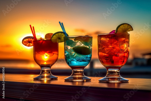 Tropical sunset cocktails with a beach view, generative Ai