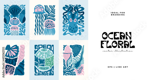 Underwater world, ocean, sea, fish and shells vertical flyer or poster template. Modern trendy Matisse minimal style.