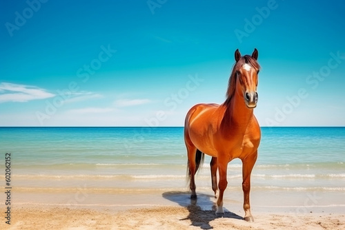 Hilarious equine enjoying summer holidays with a stunning ocean view, generative Ai