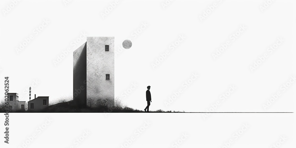 AI Generated. AI Generative. Surrealism lonely mood illustration with a lonely man person in urban city minimal decoration. Graphic Art AI Generated. AI Generative. Surrealism lonely mood illustration with a lonely man person in urban city minimal decoration. Graphic Art