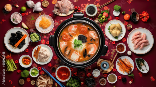 Korean food, Kimchi soup in pot, top view.