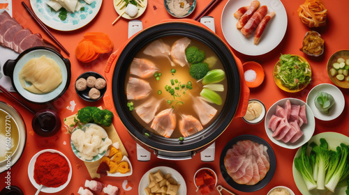 Chinese food, hot pot soup, top view