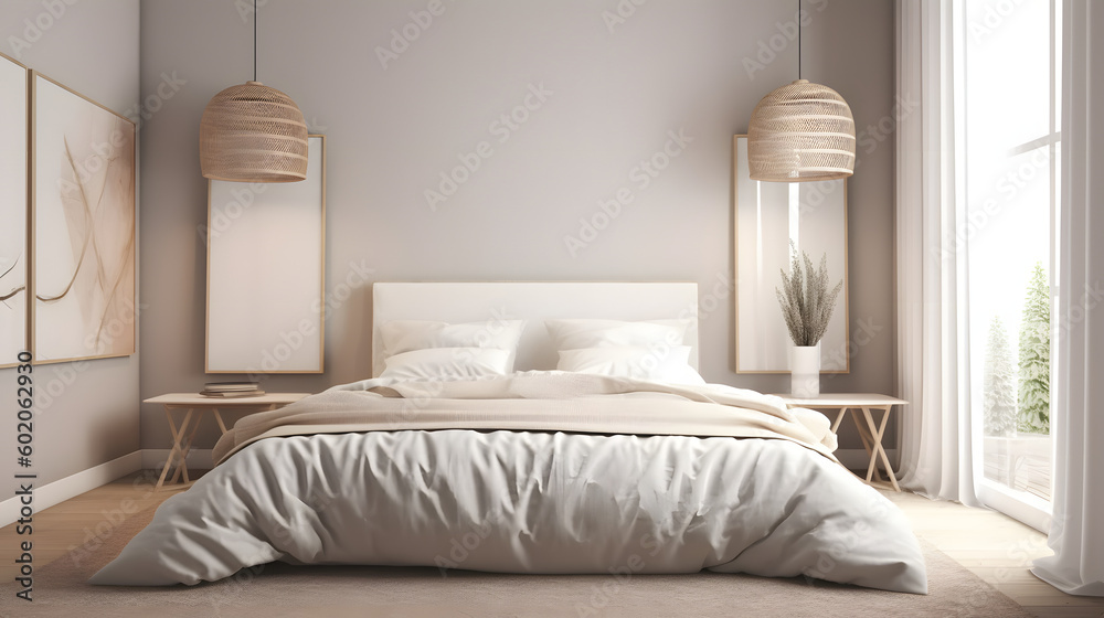 Vertical two frame mockup in boho bedroom interior with wooden floor and white bed. Beige blanket, cushion and dried grass. Basket and wicker lamp on wall. 3d rendering. Vertical two frame mockup in boho bedroom interior with wooden floor and white bed. Beige blanket, cushion and dried grass. Basket and wicker lamp on wall. 3d rendering.