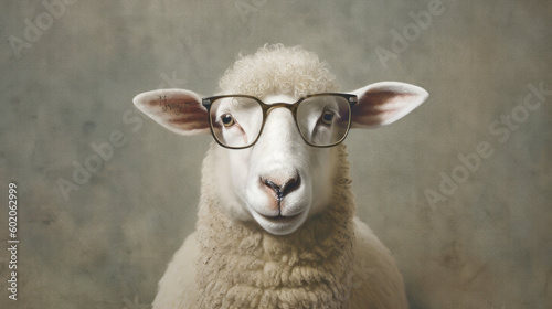 Sheep Spectacles: A Quirky Portrait of a Sheep Wearing Glasses. Generative AI