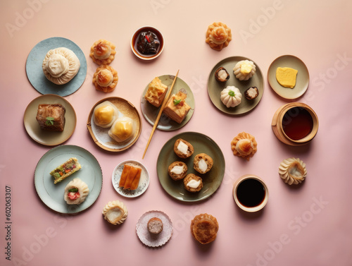 Top view of Chinese traditional food and tea set on pink background.