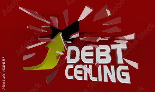 Debt Ceiling Limit Increase Rise Raise Higher Arrow Breaking Glass 3d Illustration photo