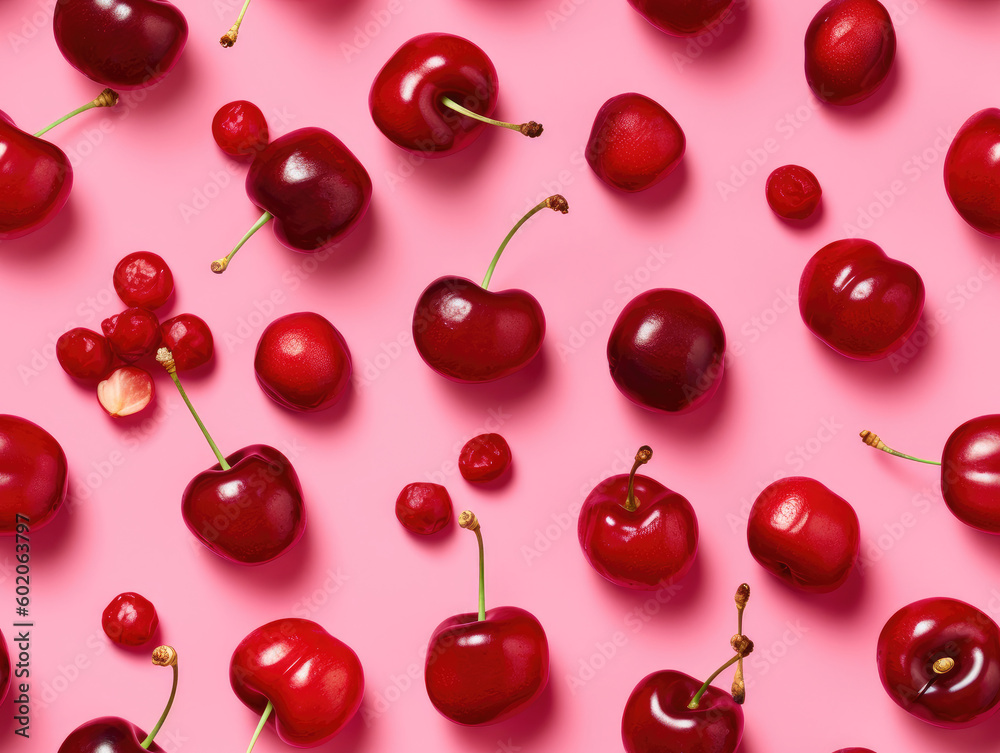 Creative pattern made of fresh cherries on pink background, top view Creative pattern made of fresh cherries on pink background, top view