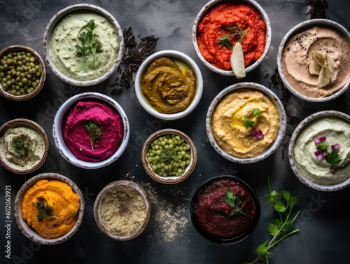 Assortment of hummus and other dips in bowls on dark background, top view