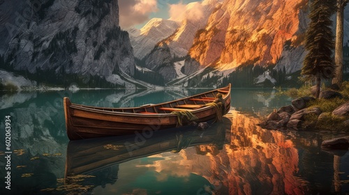 Experience it as the morning light illuminates a traditional wooden rowboat on the lake at sunrise. The scene is breathtaking and captures the essence of nature's beauty. Created with Generative AI