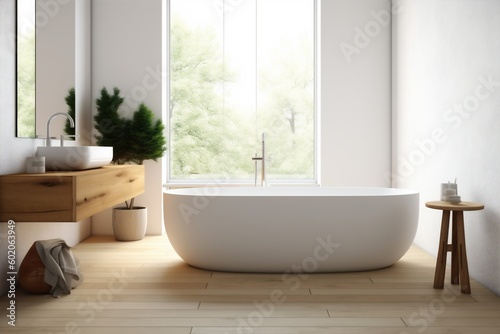 modern bathtub house interior home luxury architecture tub bathroom wood white. Generative AI. © VICHIZH