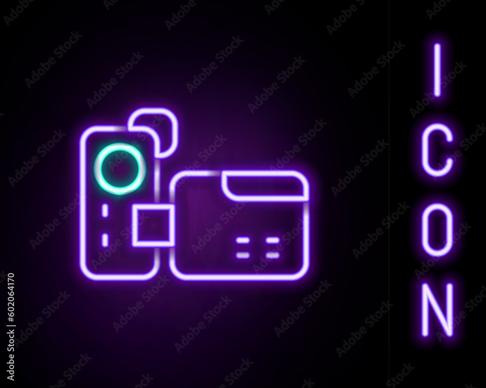 Glowing neon line Cinema camera icon isolated on black background. Video camera. Movie sign. Film projector. Colorful outline concept. Vector Glowing neon line Cinema camera icon isolated on black background. Video camera. Movie sign. Film projector. Colorful outline concept. Vector
