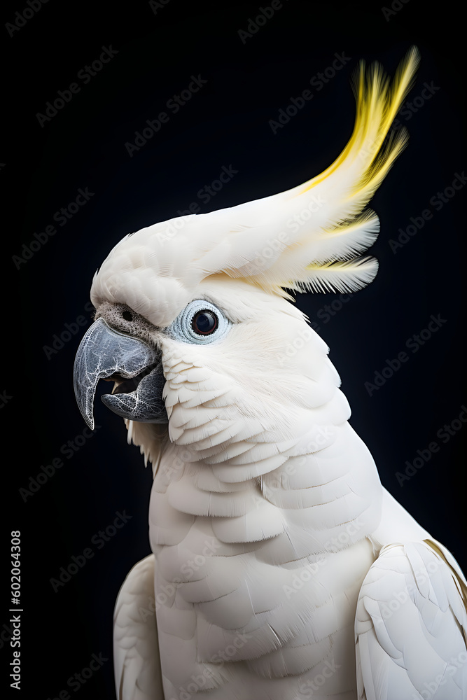White cute cockatoo parrot on black background, generative ai.